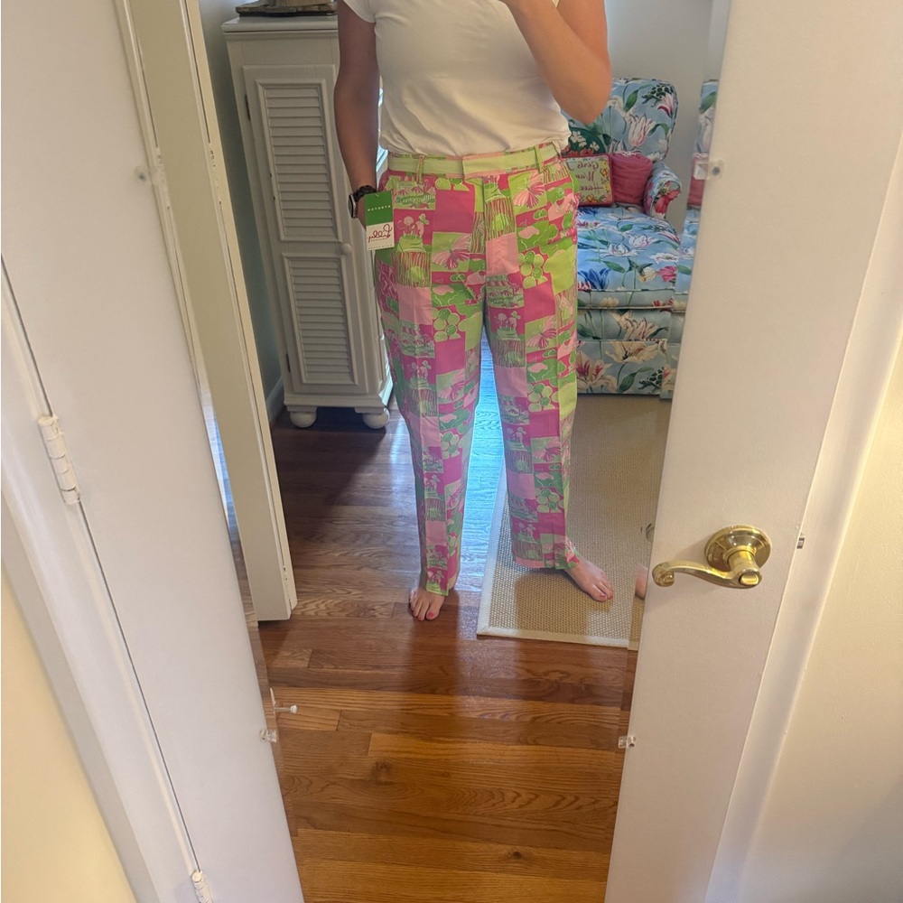 NWT Lilly Pulitzer Vibrant Pink and Green Patchwork Design Straight Leg Pants